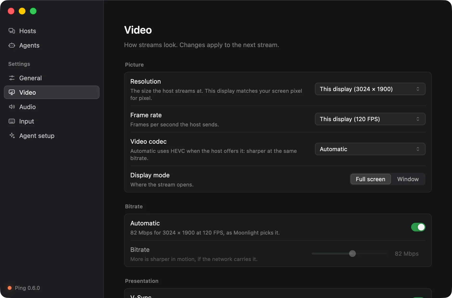 Ping’s Video settings: resolution and frame rate matching this display, the codec, display mode and bitrate.